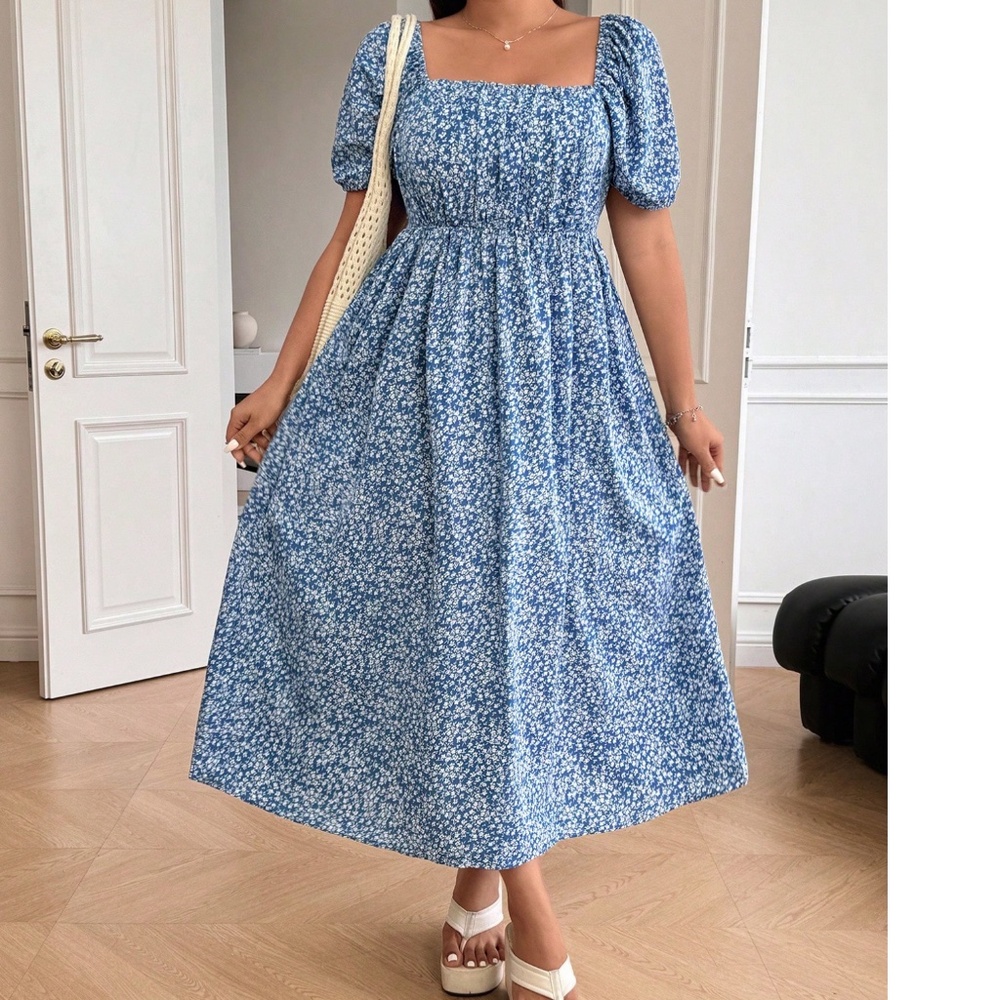Plus Floral Print Square Neck Puff Sleeve Dress - Picture 3 of 4